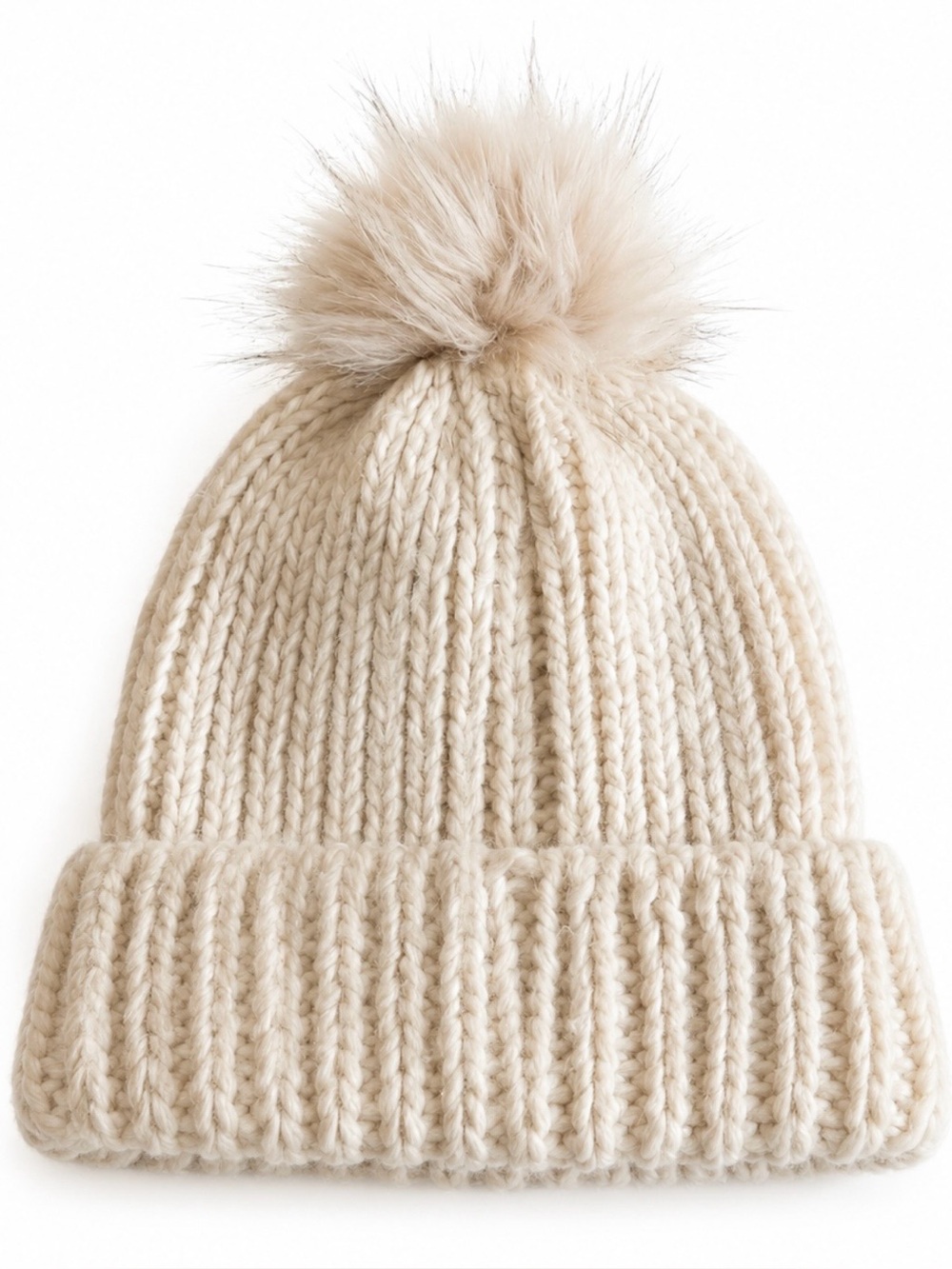 David & Young Cream Chunky Knit Pom-Pom Beanie O/S